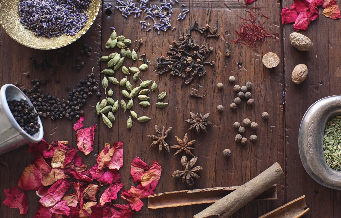 Photo wallpaper grain, petals, pepper, cinnamon, seeds, wood, lavender, spices