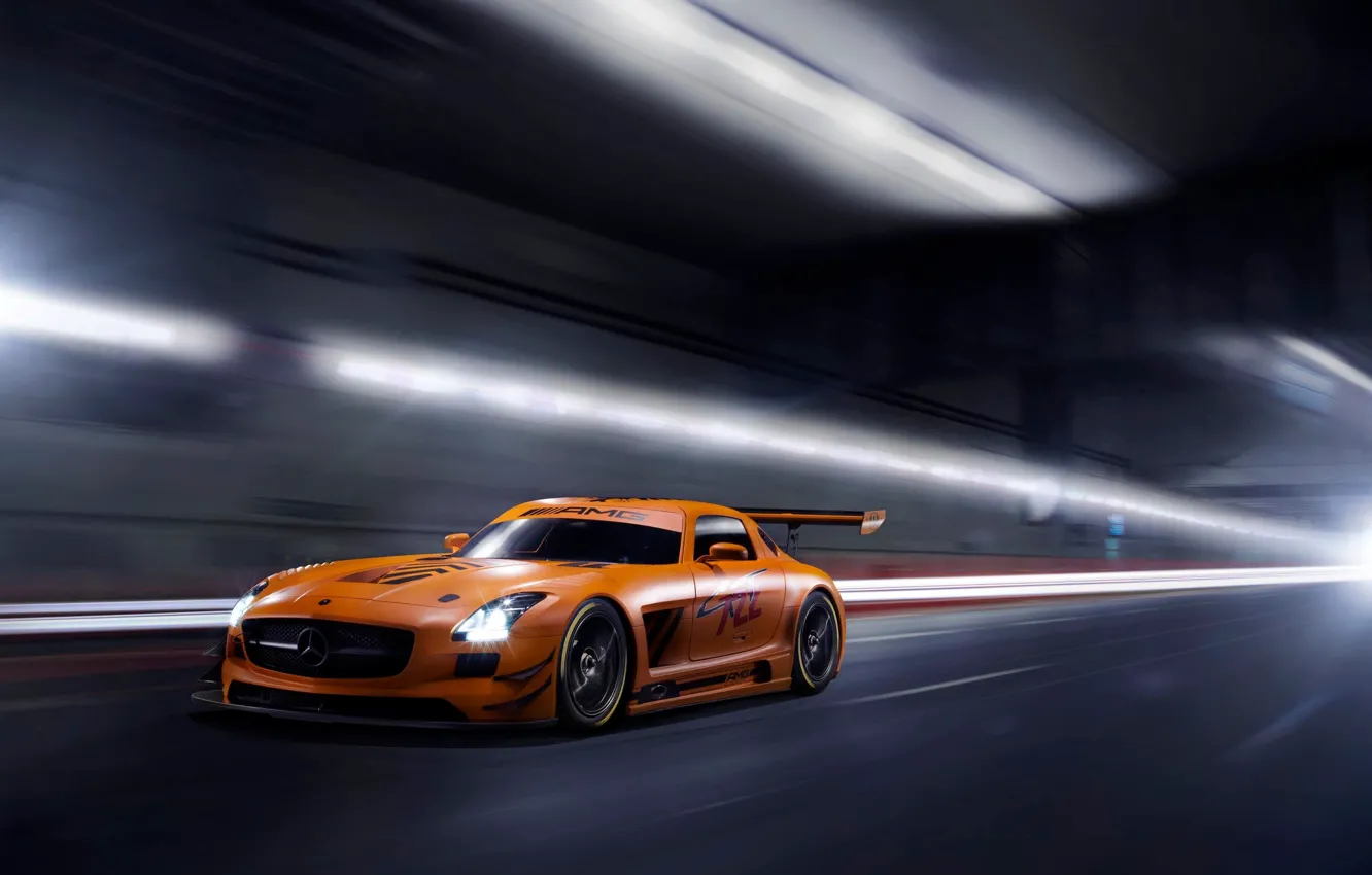 Photo wallpaper orange, Mercedes-Benz, the tunnel, AMG, SLS, GT3, orange, Mercedes Benz