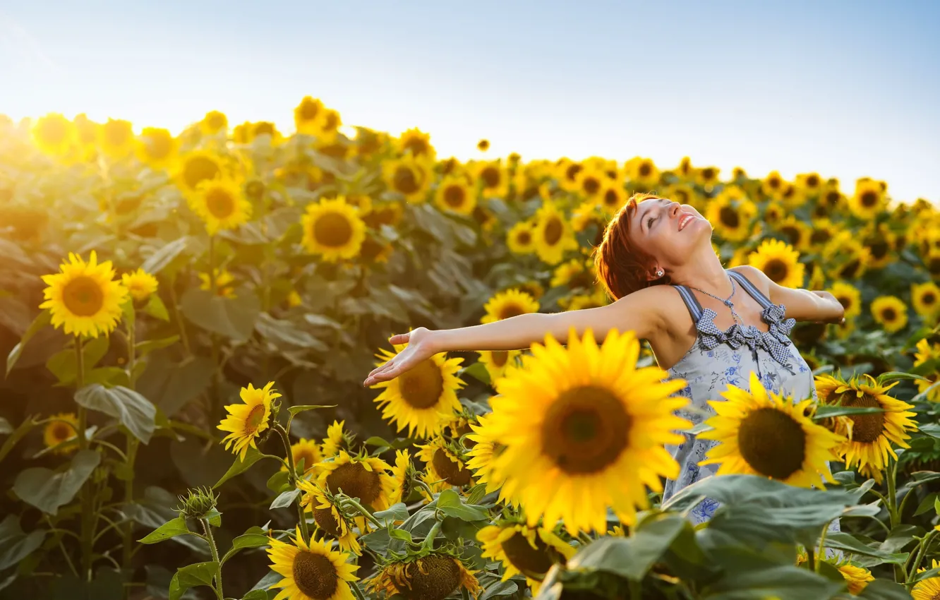 Photo wallpaper field, the sky, girl, joy, happiness, sunflowers, flowers, yellow