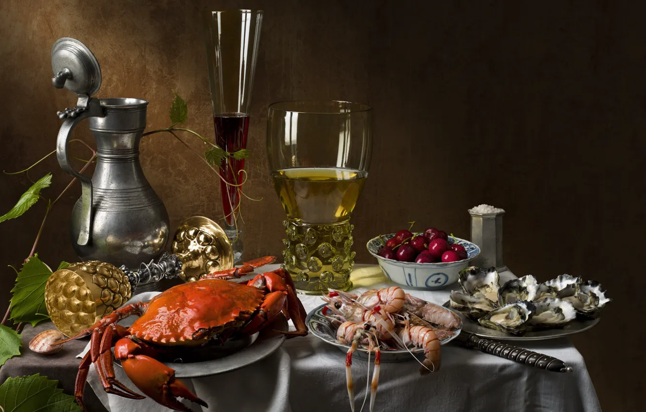 Photo wallpaper cherry, wine, glass, crab, still life, shrimp, oysters