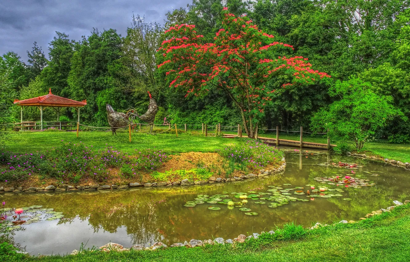 Photo wallpaper greens, grass, trees, flowers, design, pond, Park, stones