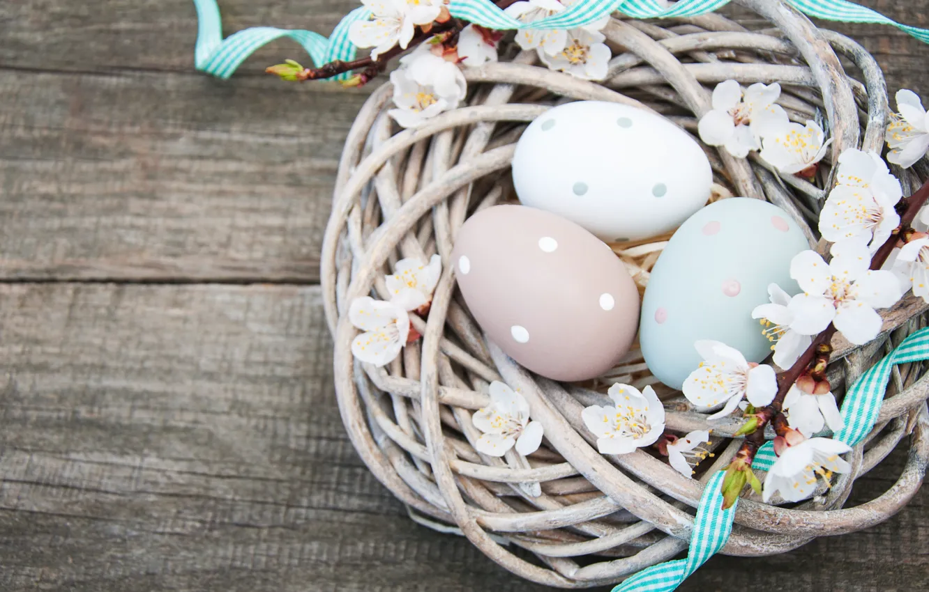 Photo wallpaper flowers, eggs, spring, colorful, Easter, wood, blossom, flowers