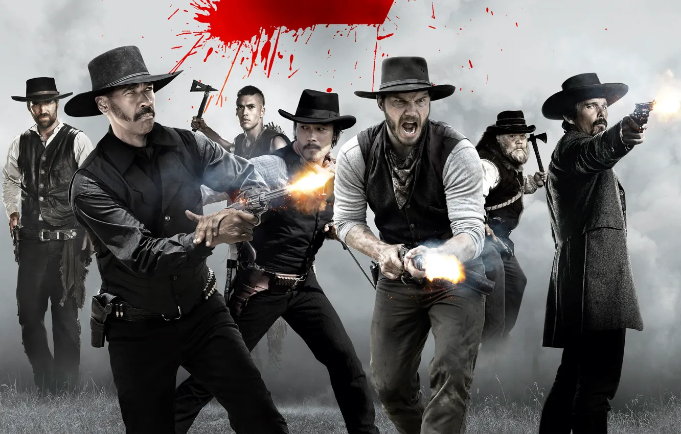 Photo wallpaper shooting, poster, axes, hats, Western, Denzel Washington, revolvers, Ethan Hawke