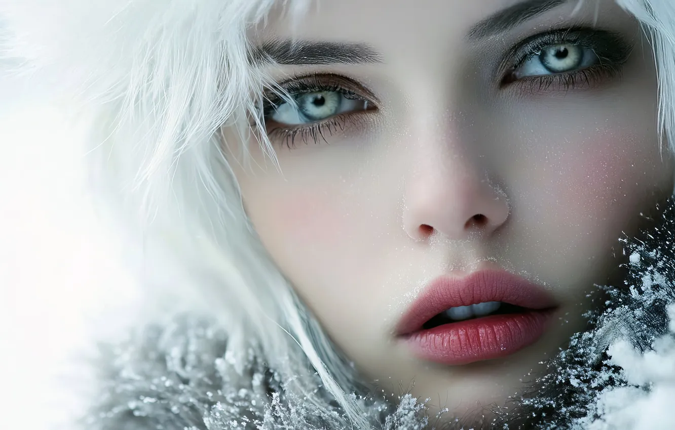 Photo wallpaper winter, frost, look, girl, snow, face, winter, portrait