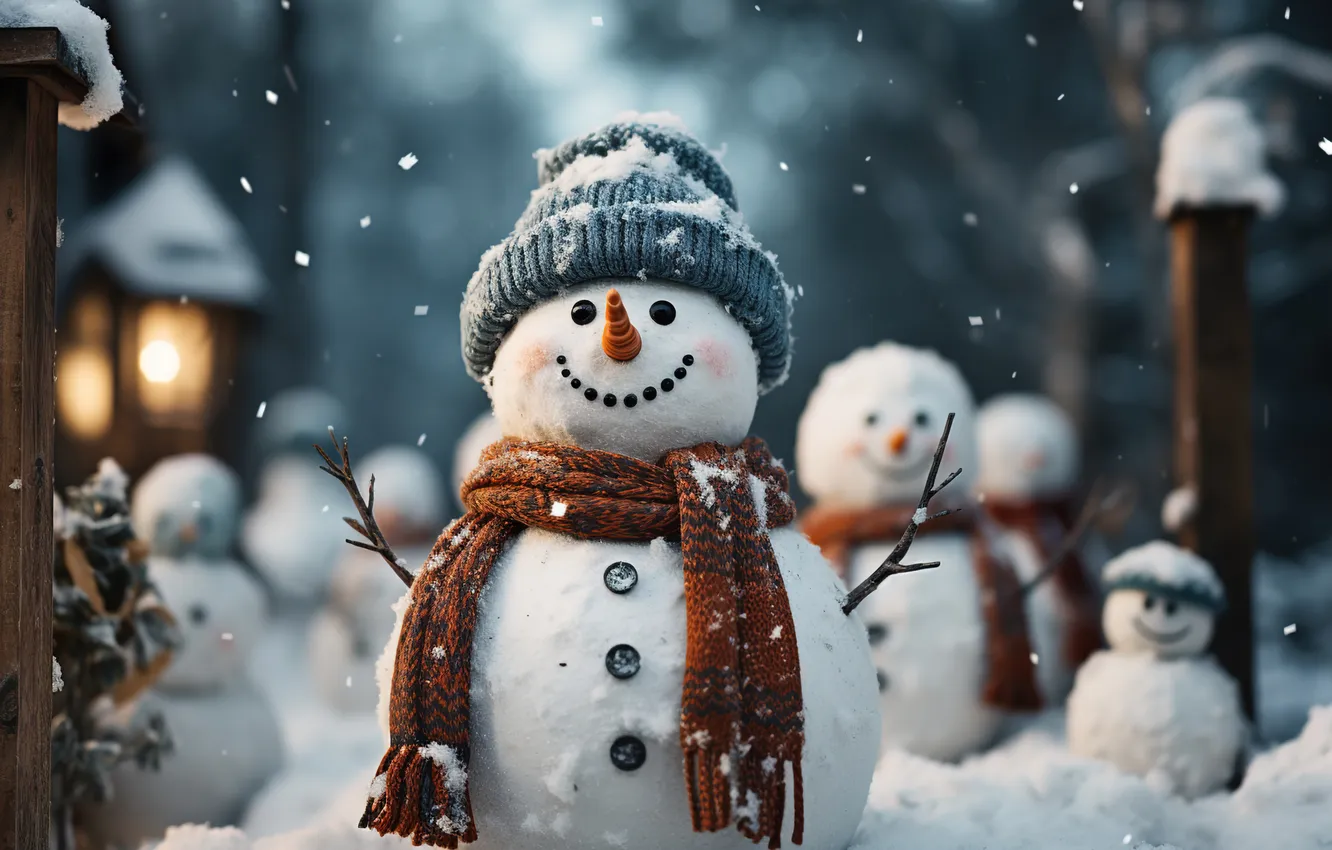 Photo wallpaper winter, snow, new year, Christmas, snowman, Christmas, winter, snow