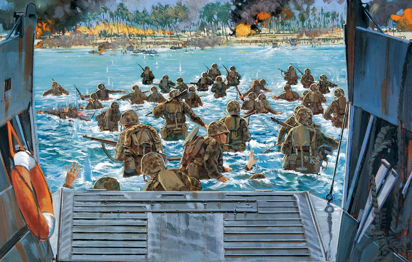 Photo wallpaper victory, art, artist, soldiers, USA, battle, the battle, landing