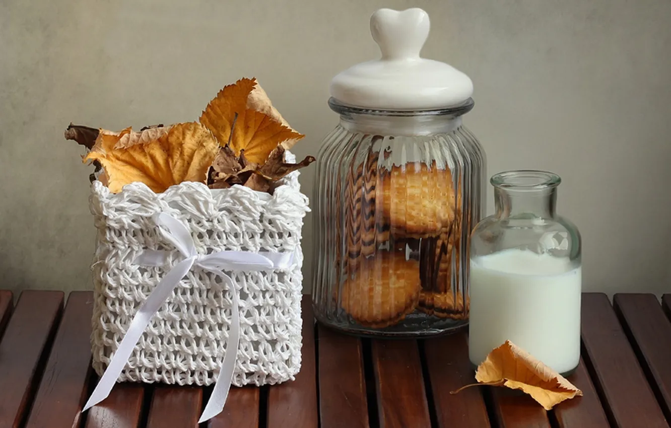 Photo wallpaper autumn, leaves, food, milk, cake, still life, dessert, heart