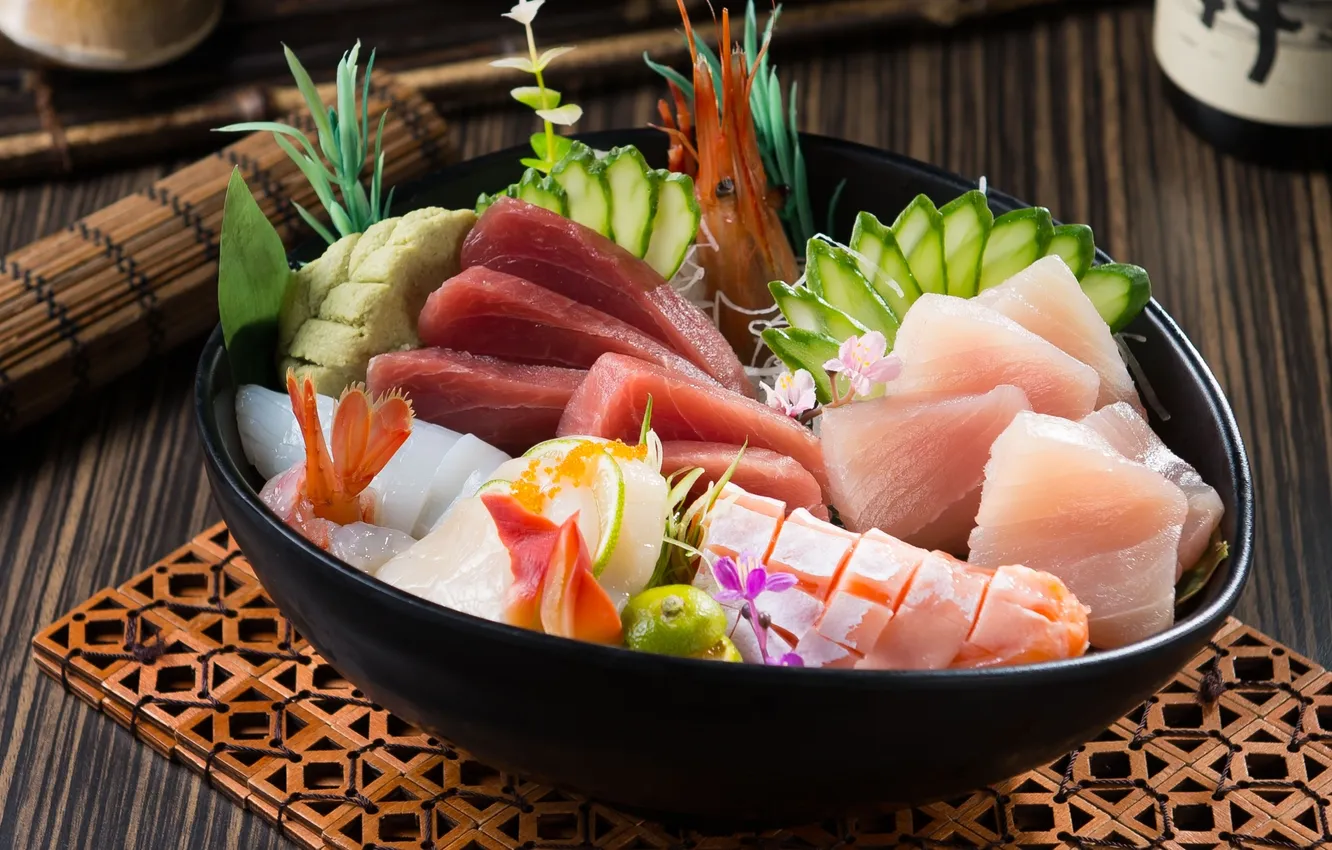 Photo wallpaper fish, cucumbers, shrimp, seafood, salmon, tuna