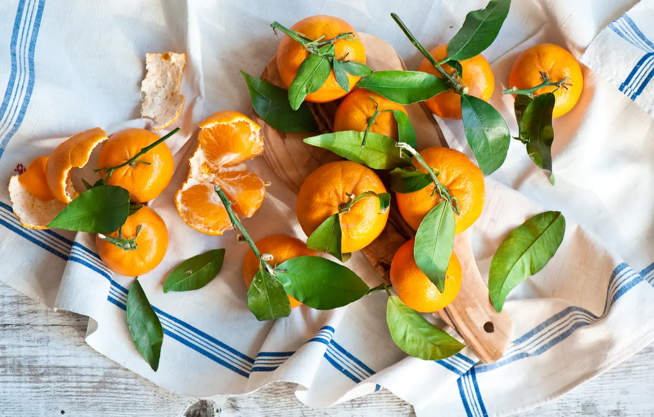 Photo wallpaper leaves, napkin, Sunny tangerines