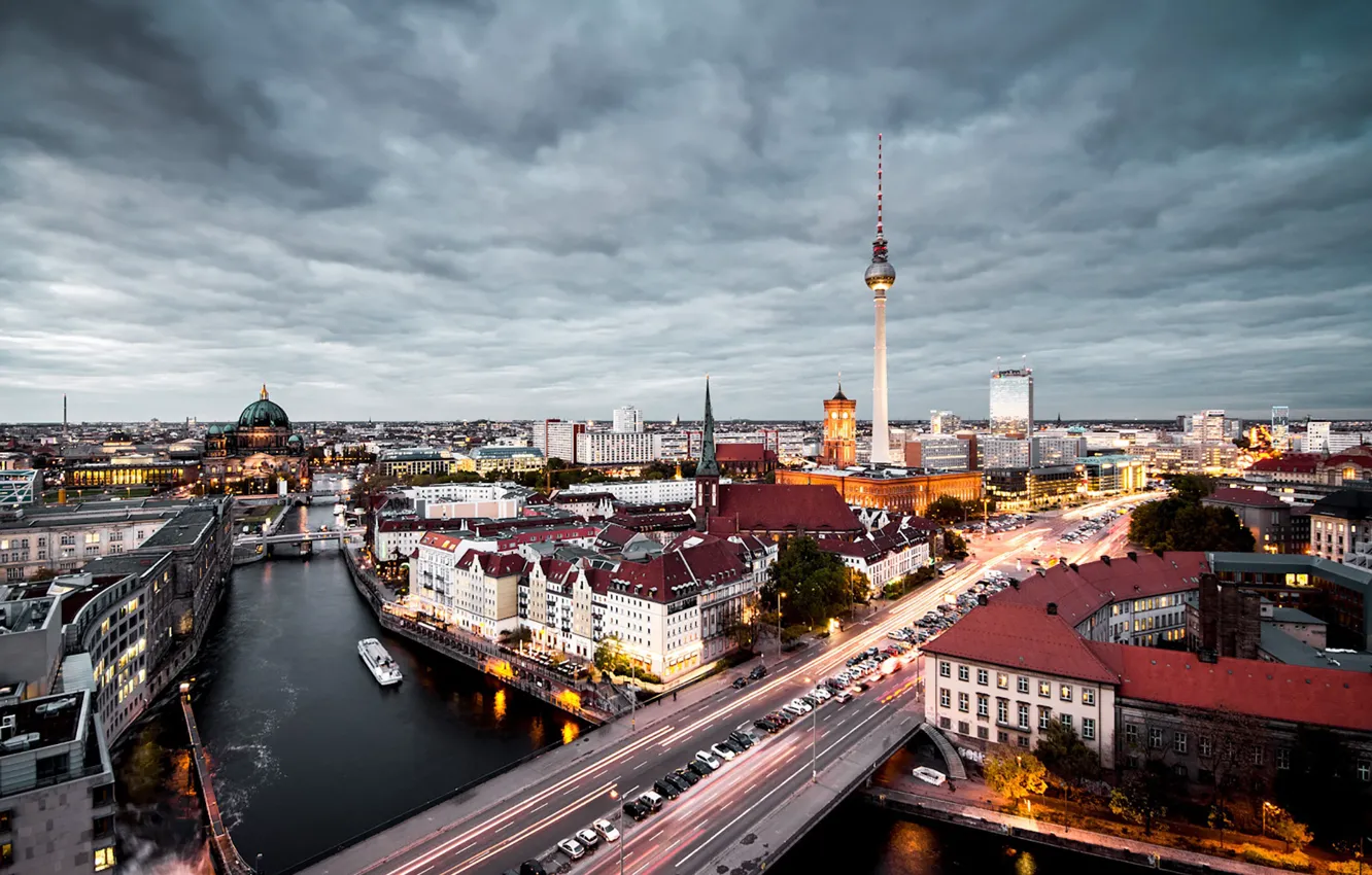 Photo wallpaper lights, twilight, river, bridge, Germany, dusk, traffic, Berlin