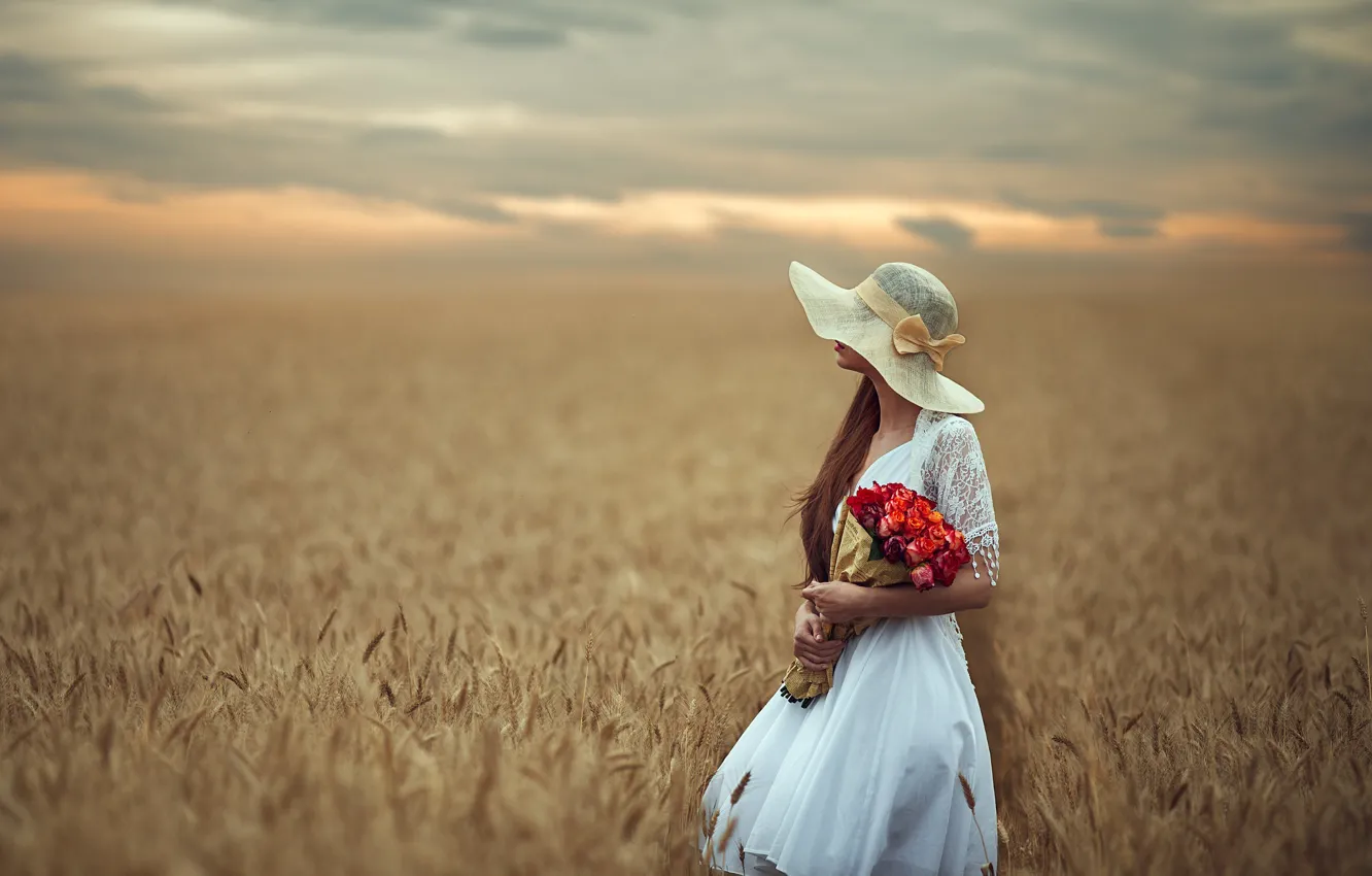 Photo wallpaper field, summer, girl, sunset, flowers, nature, bouquet, hat