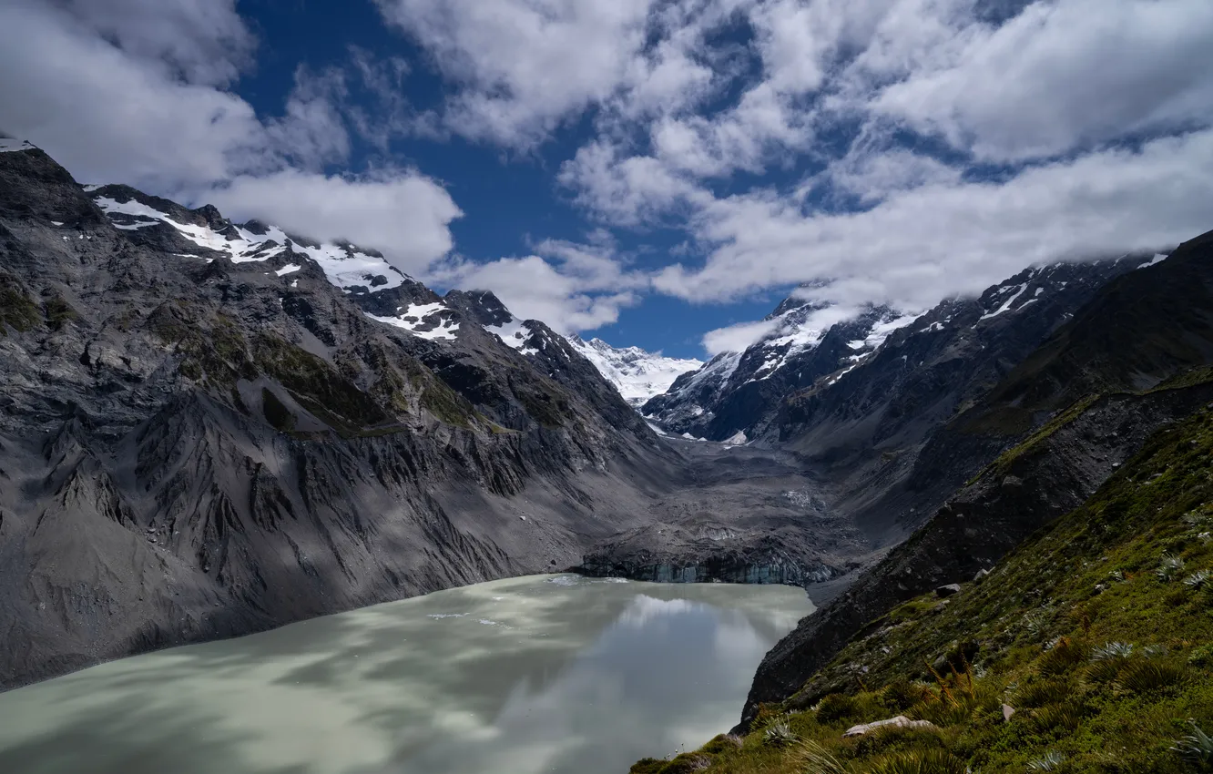 Photo wallpaper clouds, mountains, lake