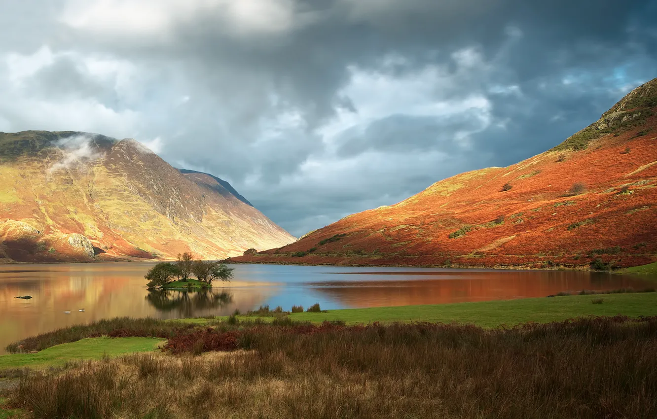 Photo wallpaper mountains, lake, island