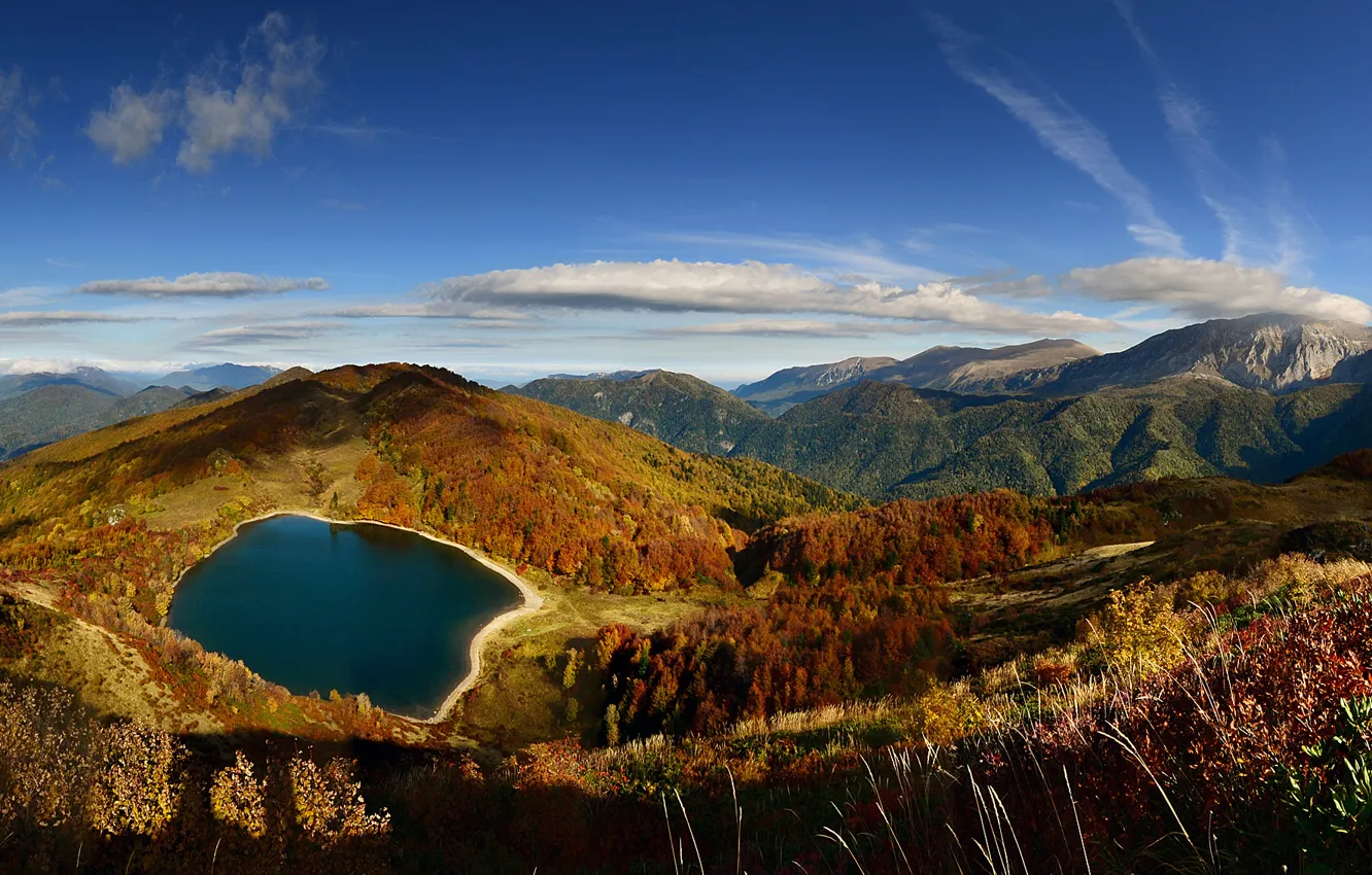 Photo wallpaper lake, stones, plants, Mountains, valley, top, panorama