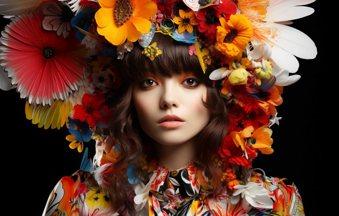 Wallpaper look, girl, flowers, face, portrait, makeup, red, brown hair