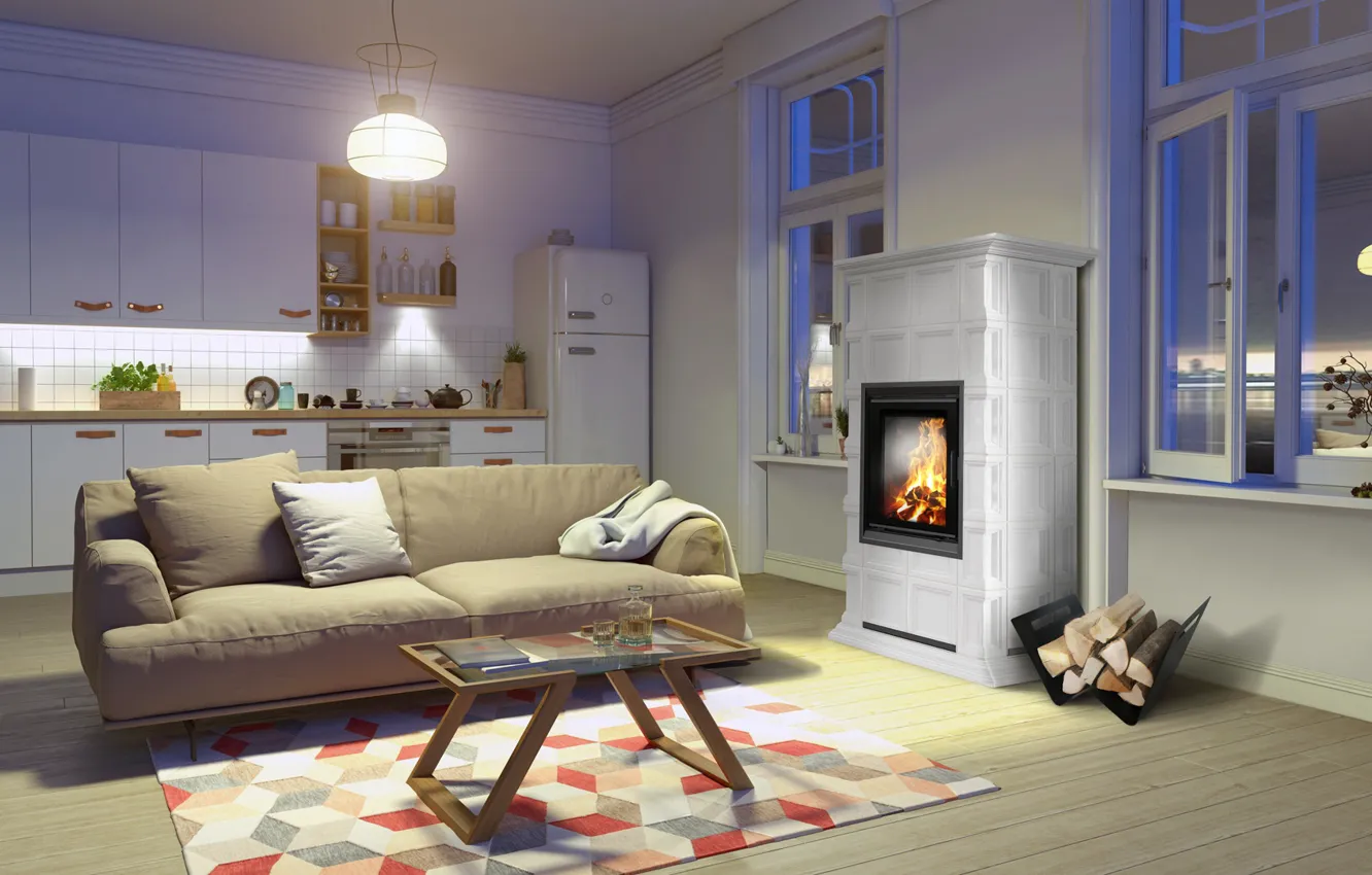 Photo wallpaper interior, kitchen, fireplace, sofa