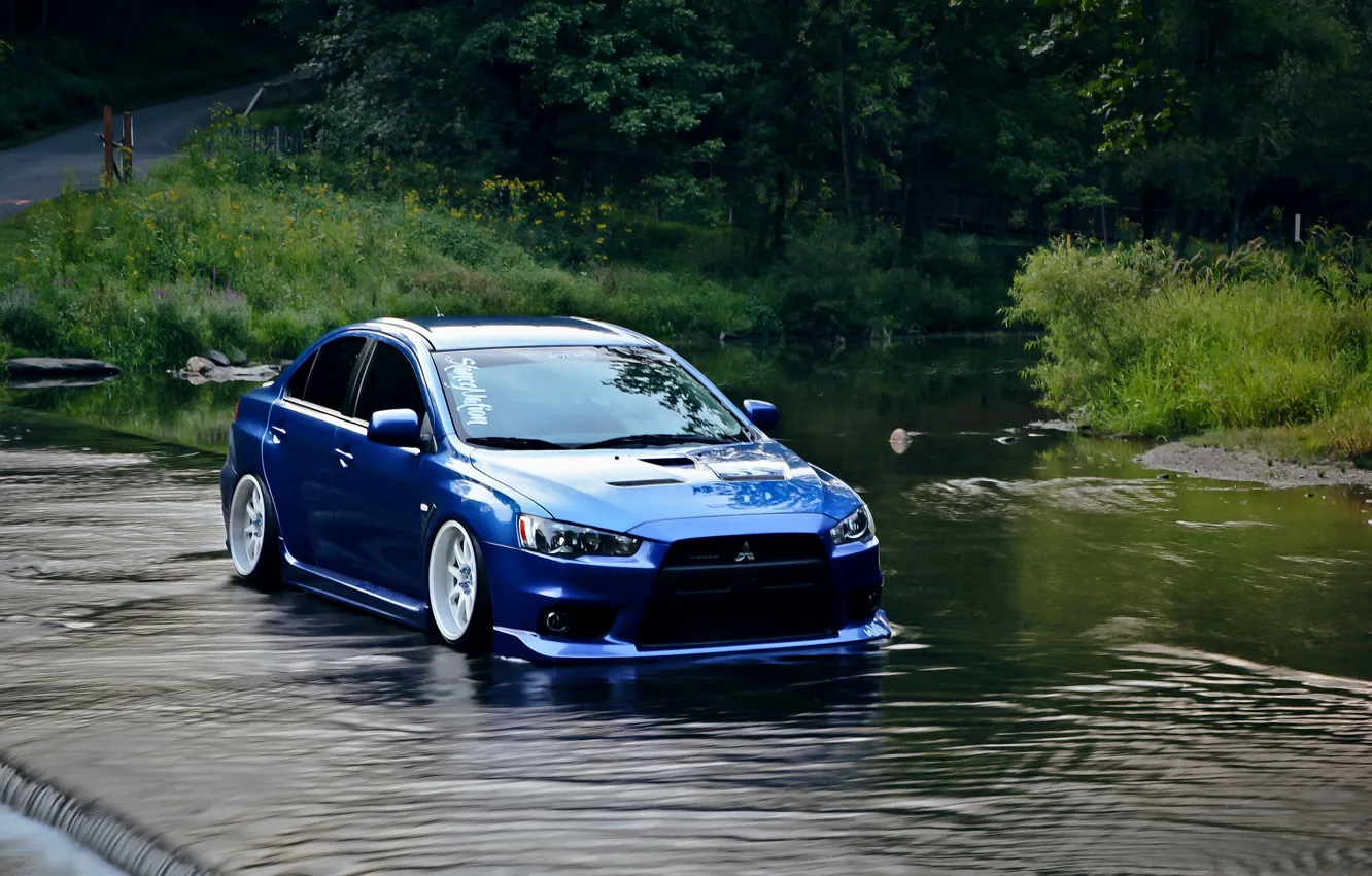 Photo wallpaper water, blue, Mitsubishi, lancer, evo