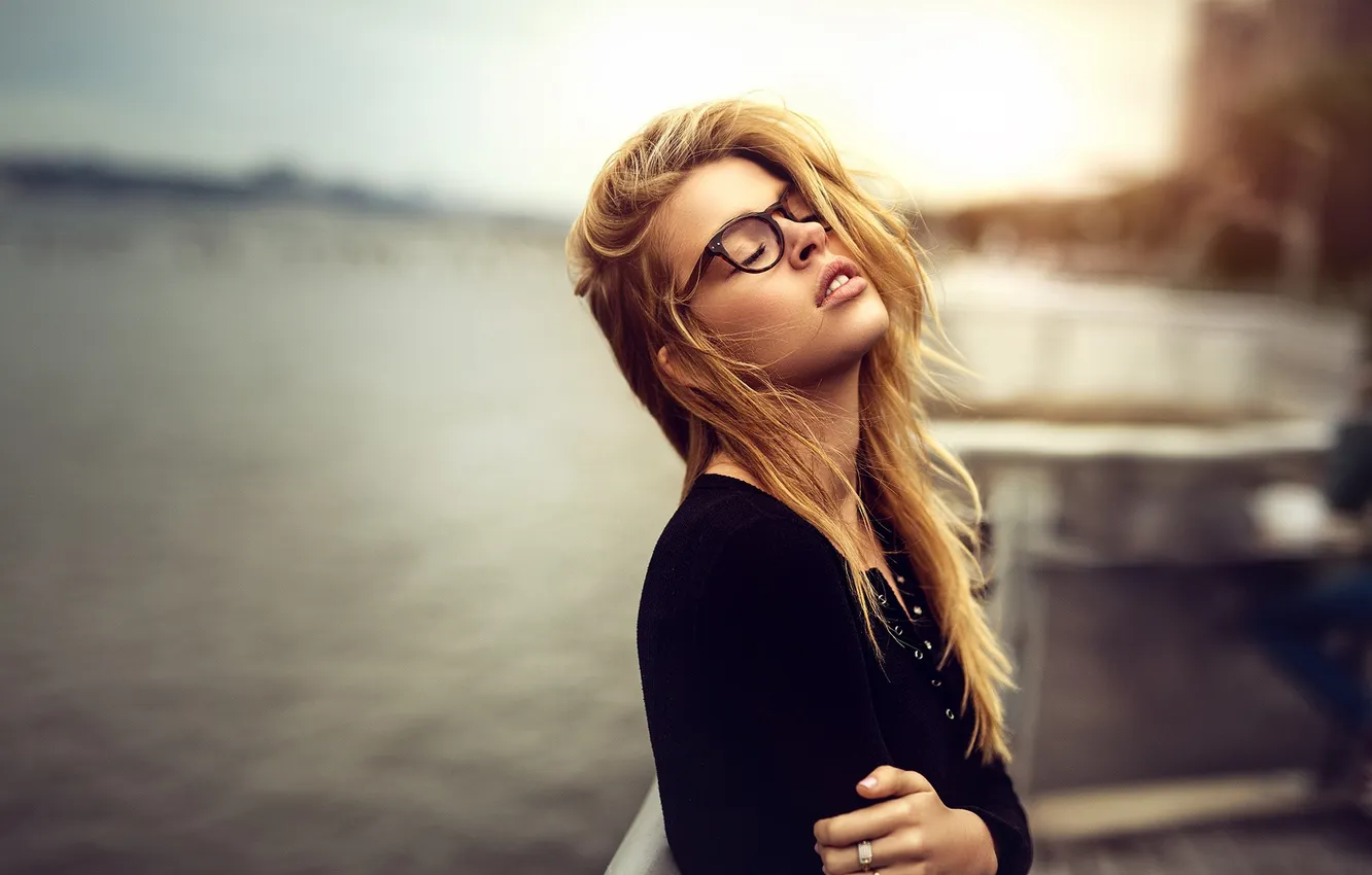 Photo wallpaper portrait, pose, background, in black, blonde, he closed his eyes, hairstyle, bokeh