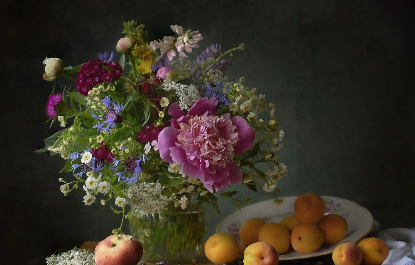 Photo wallpaper table, food, bouquet, plate, fabric, vase, pink, white
