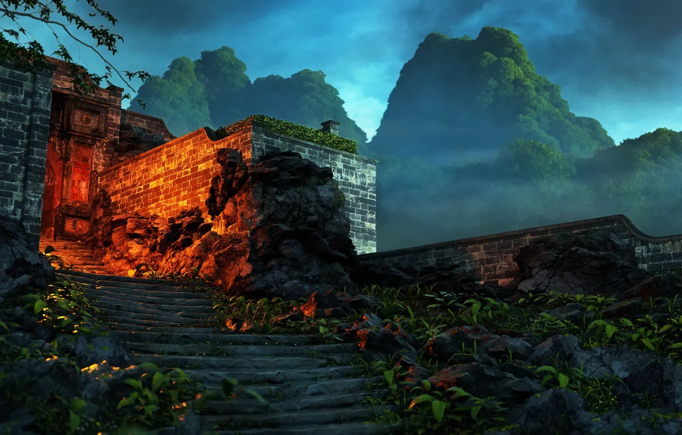 Photo wallpaper mountains, vegetation, stage, entrance, Path to Cloud Temple