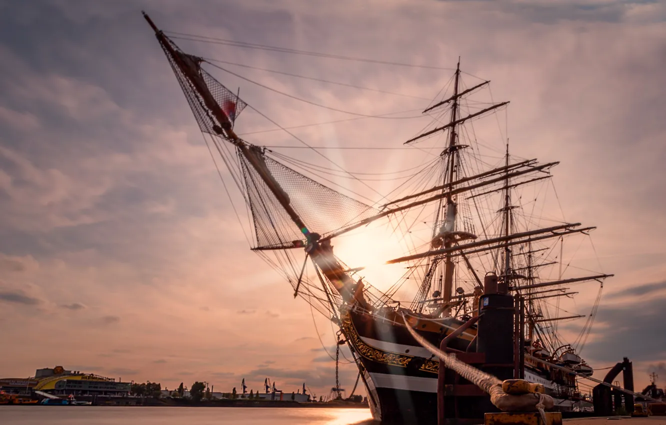 Photo wallpaper the sun, rays, sailboat, pier