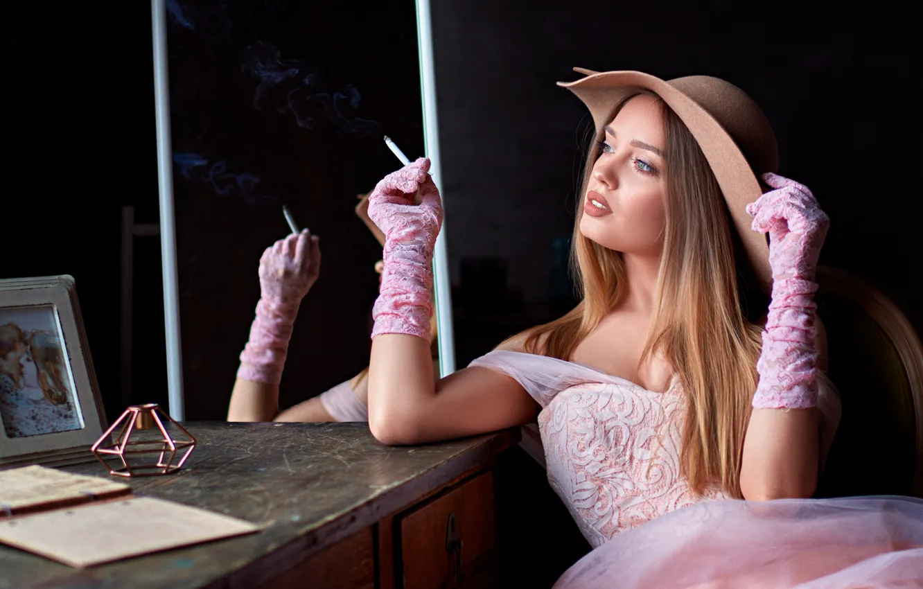 Photo wallpaper girl, pose, table, photo, hat, hands, dress, cigarette