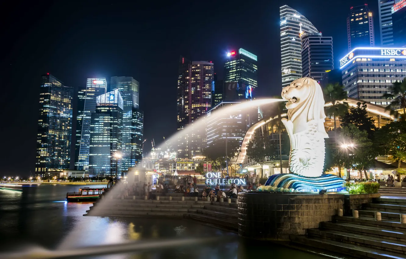 Photo wallpaper backlight, Singapore, skyscrapers, megapolis, fountains, Singapore