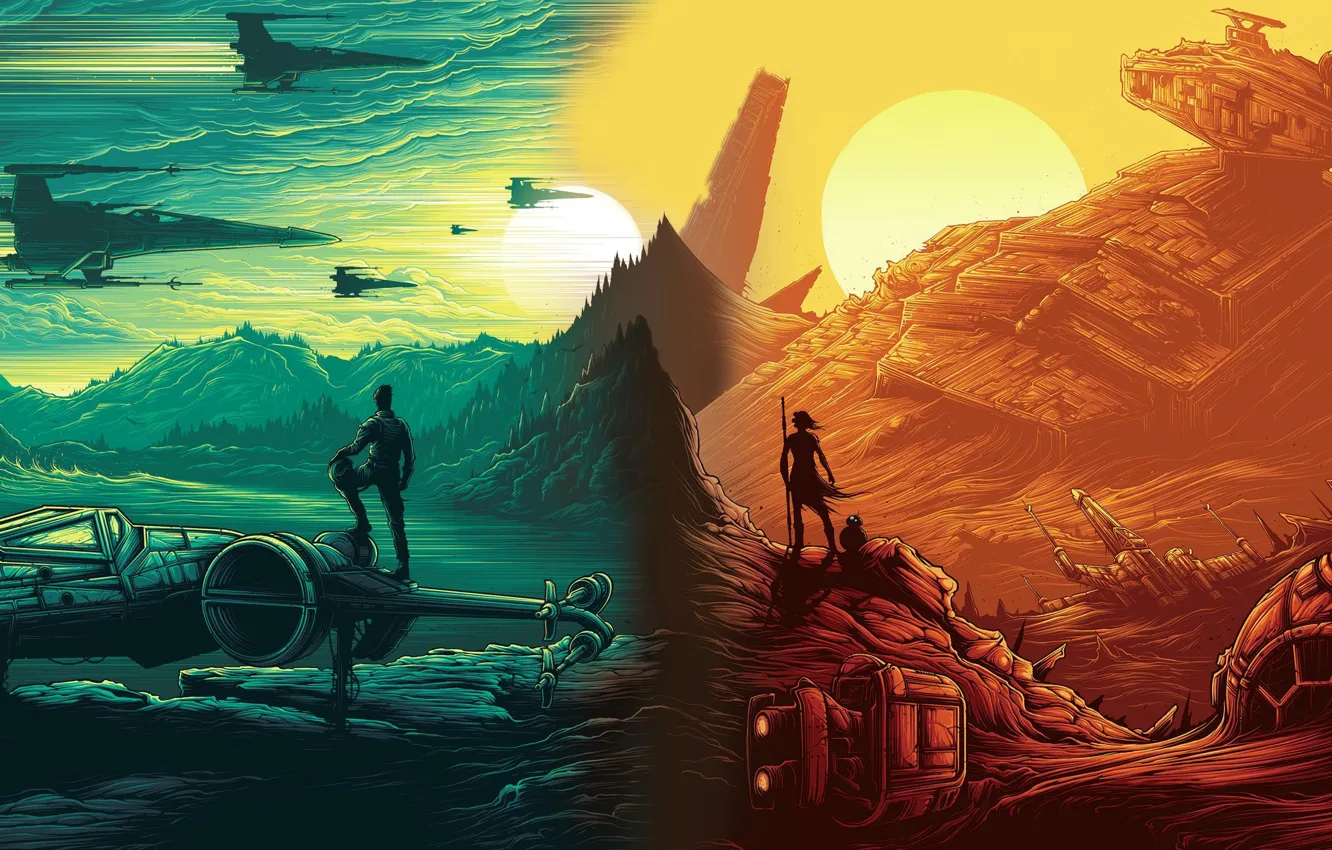 Photo wallpaper ship, planet, Star Wars, star wars, The Force Awakens, Episode VII, BB-8, Rey