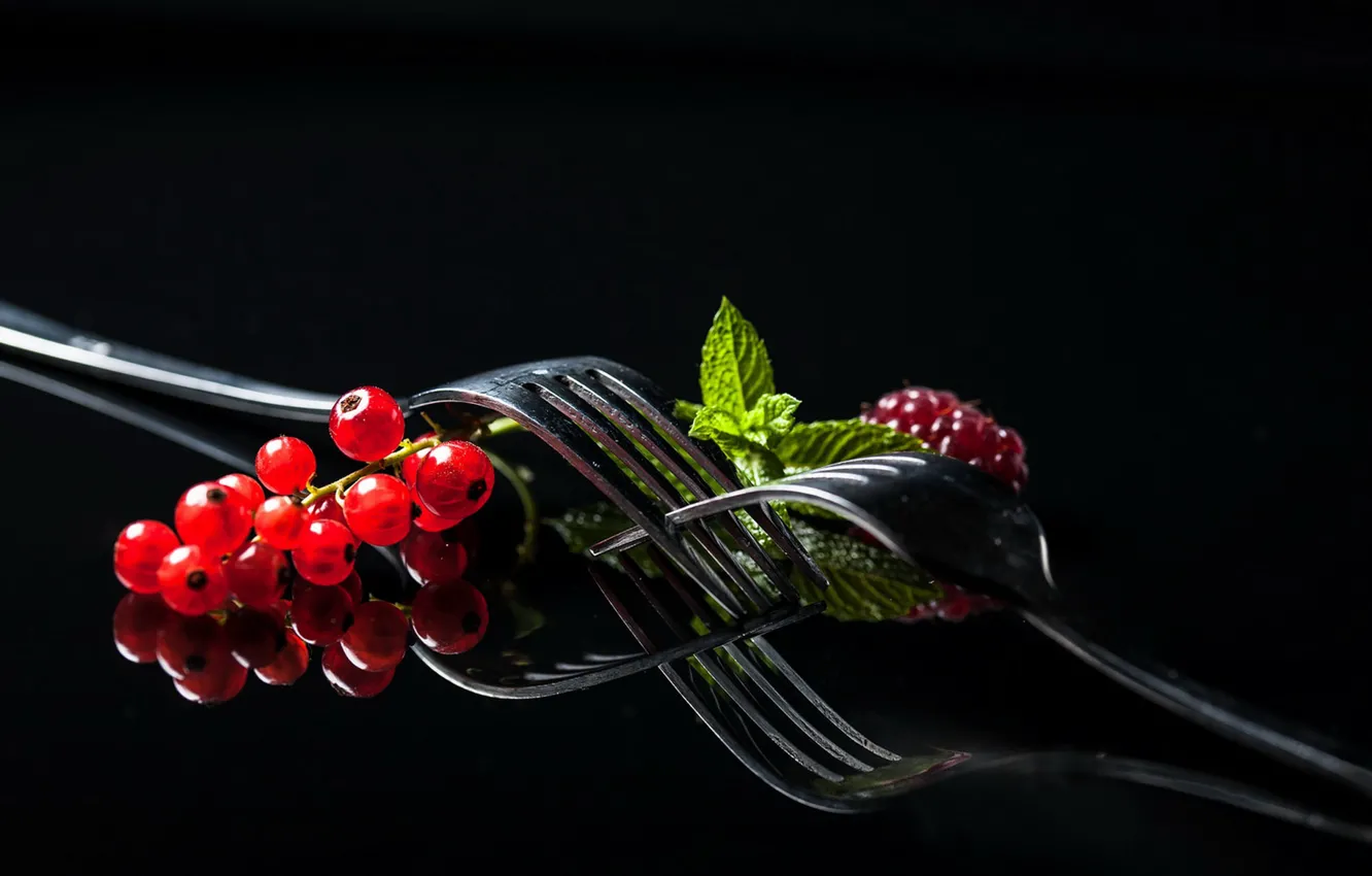 Photo wallpaper berries, raspberry, currants, fork