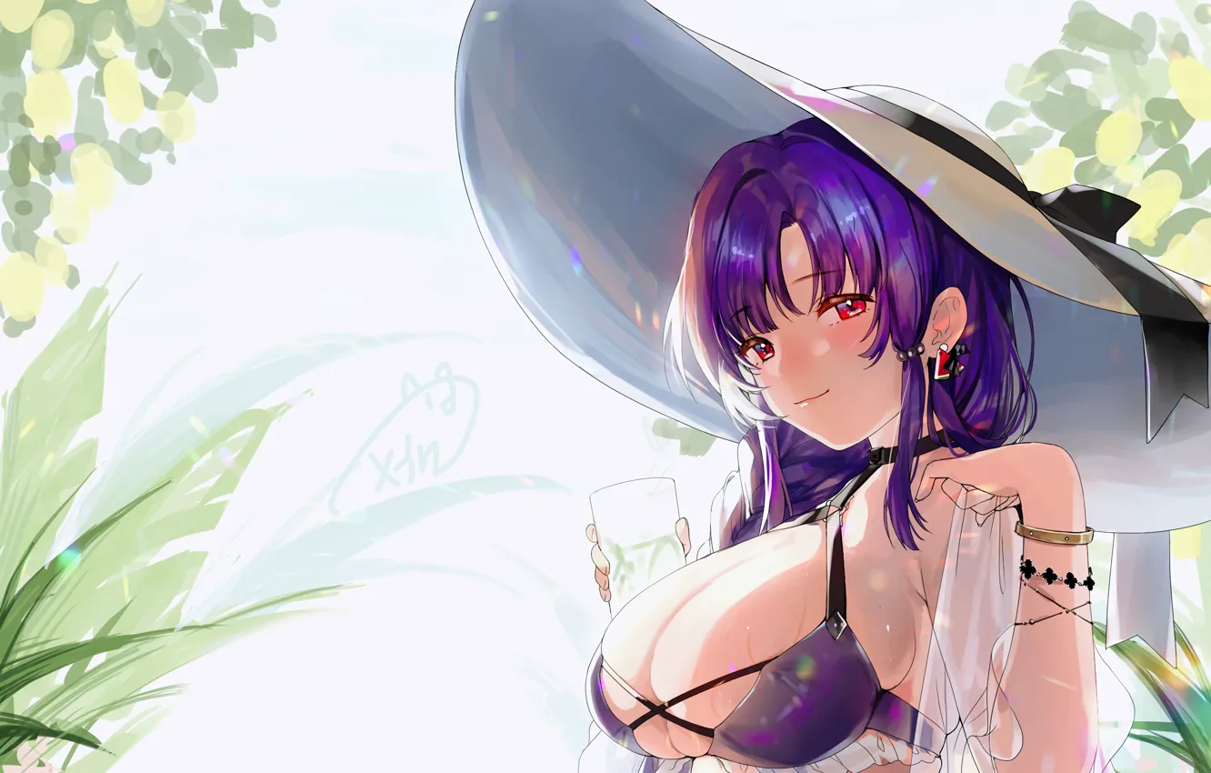 Photo wallpaper girl, sexy, wet, cleavage, long hair, hat, boobs, anime
