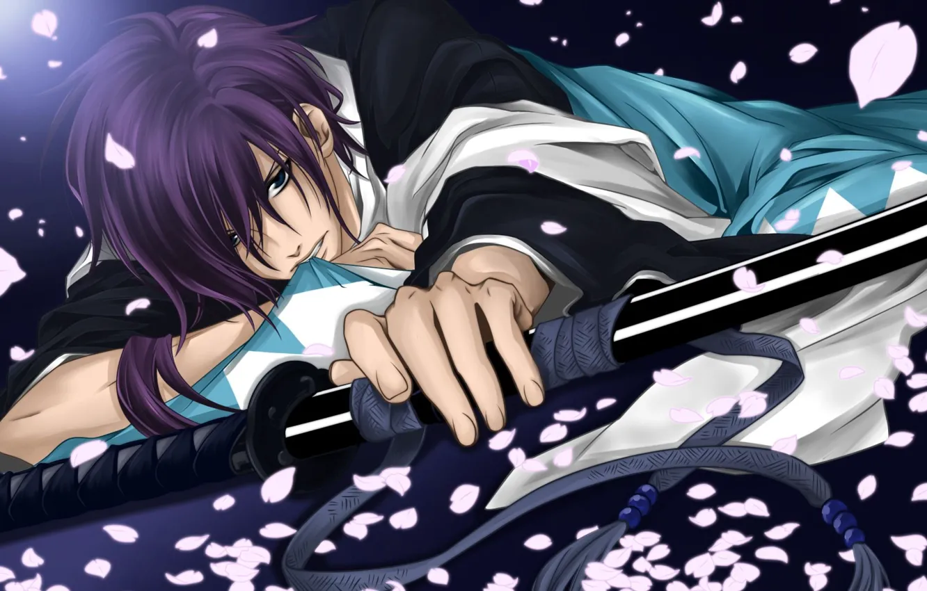 Photo wallpaper sword, anime, petals, guy