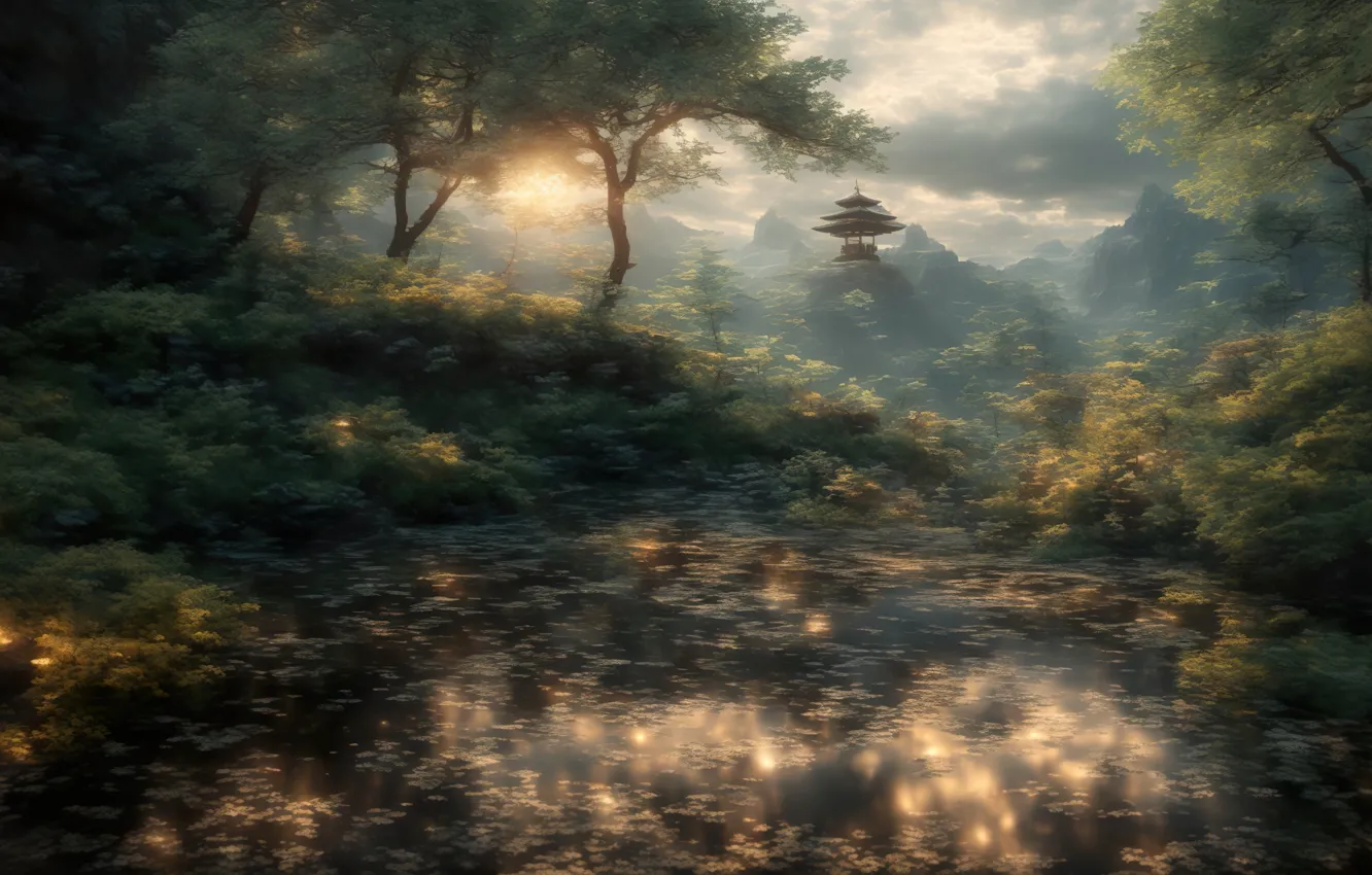 Photo wallpaper forest, landscape, art, lake, digital art, fantasy art, hut, Mount