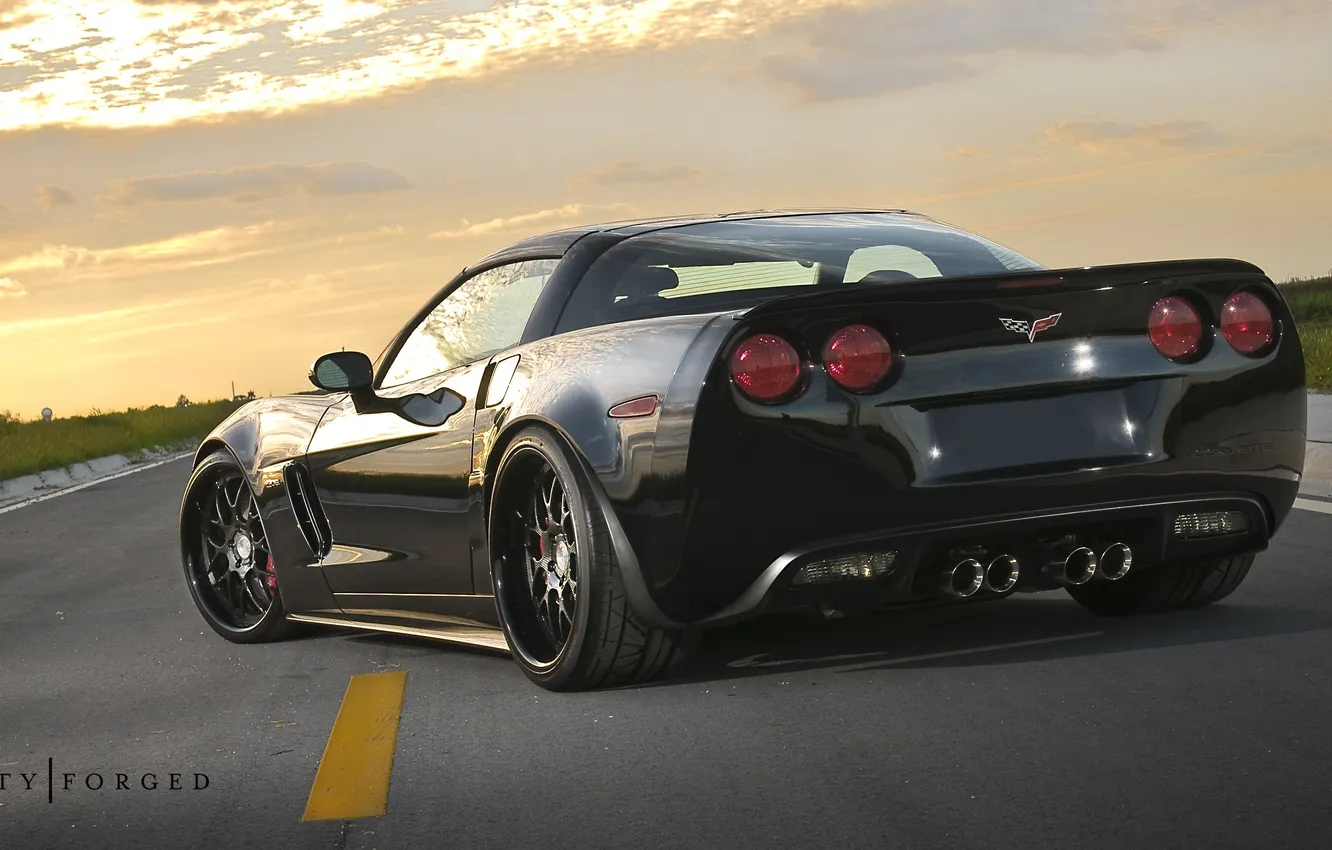 Photo wallpaper asphalt, sunset, markup, black, Z06, Corvette, Chevrolet, Chevrolet