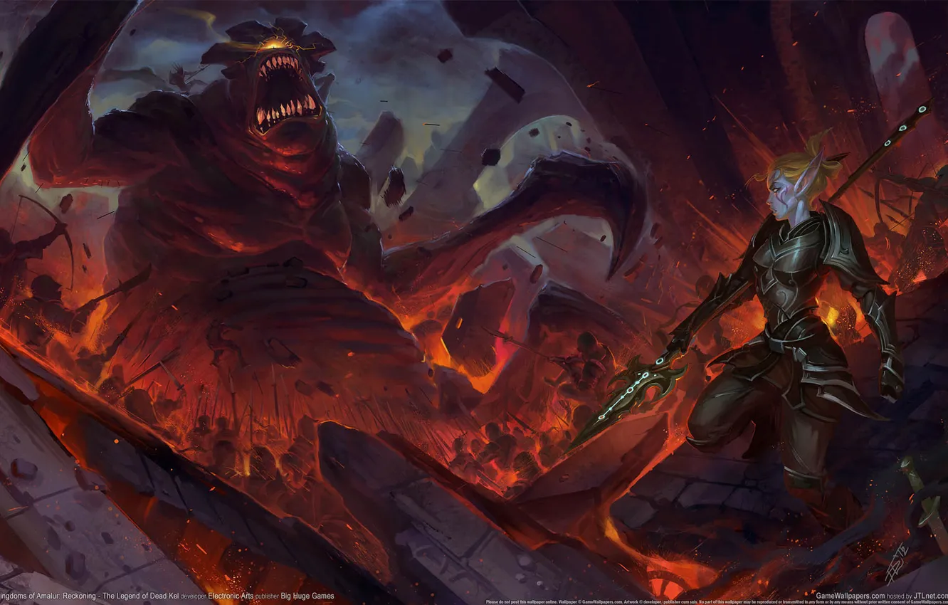 Photo wallpaper lights, monster, battle, elf, chaos, warrior, army, Kingdoms of Amalur: Reckoning