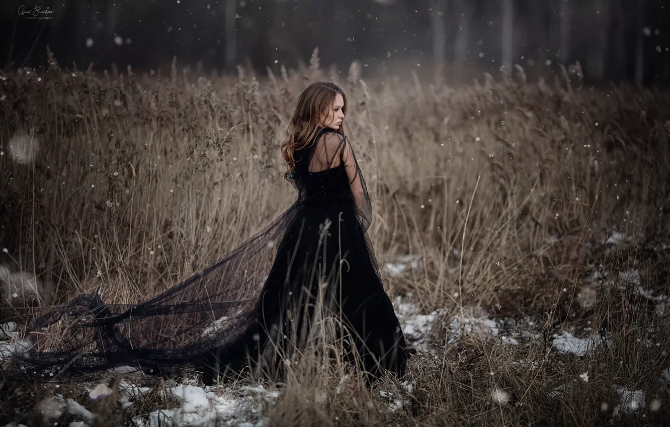 Photo wallpaper girl, snow, black dress, Anna Shuvalova
