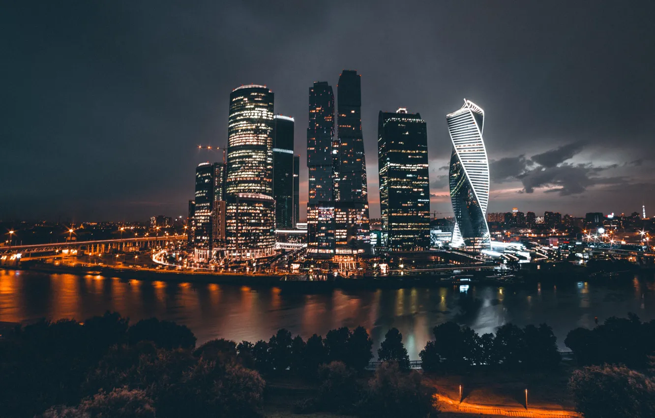 Photo wallpaper night, the city, lights, Russia, Moscow City