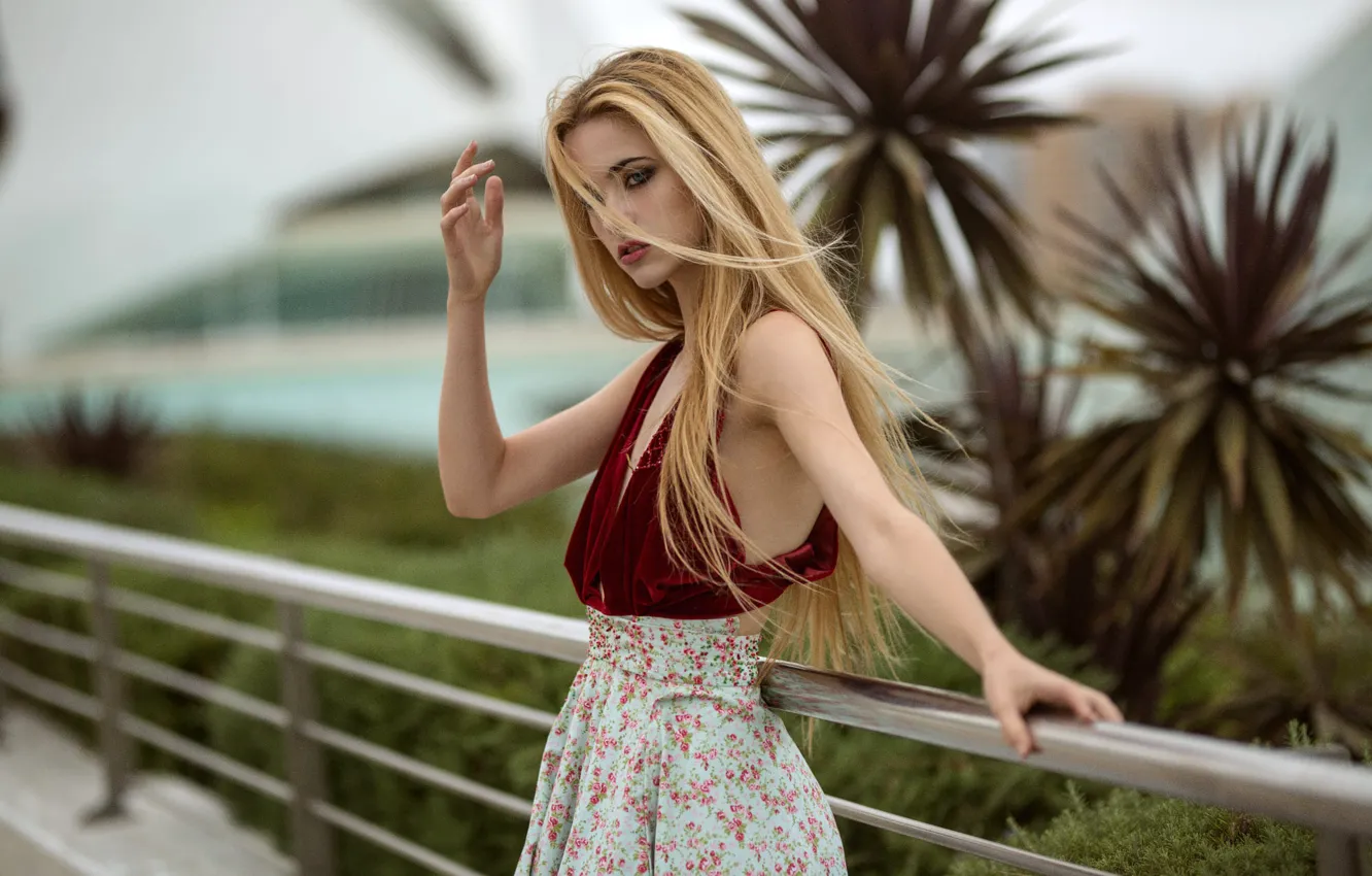 Photo wallpaper look, palm trees, model, skirt, portrait, makeup, hairstyle, blonde