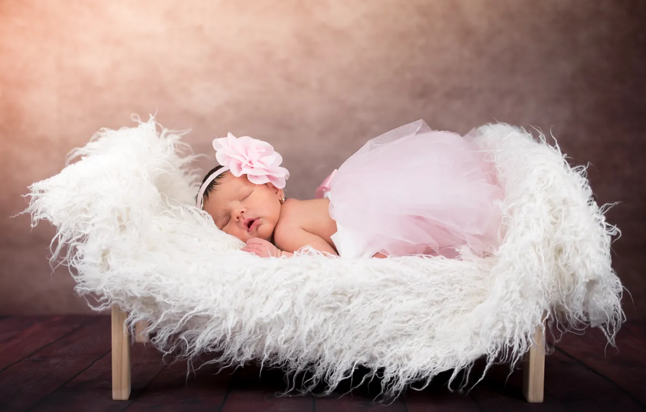 Photo wallpaper sleep, sleeping, girl, fur, bow, cot