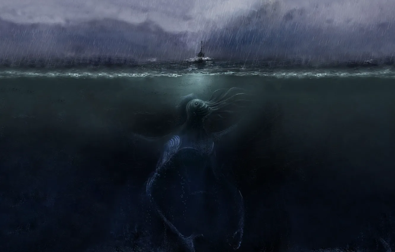 Photo wallpaper sea, the storm, rain, darkness, boat, Cthulhu, cthulhu