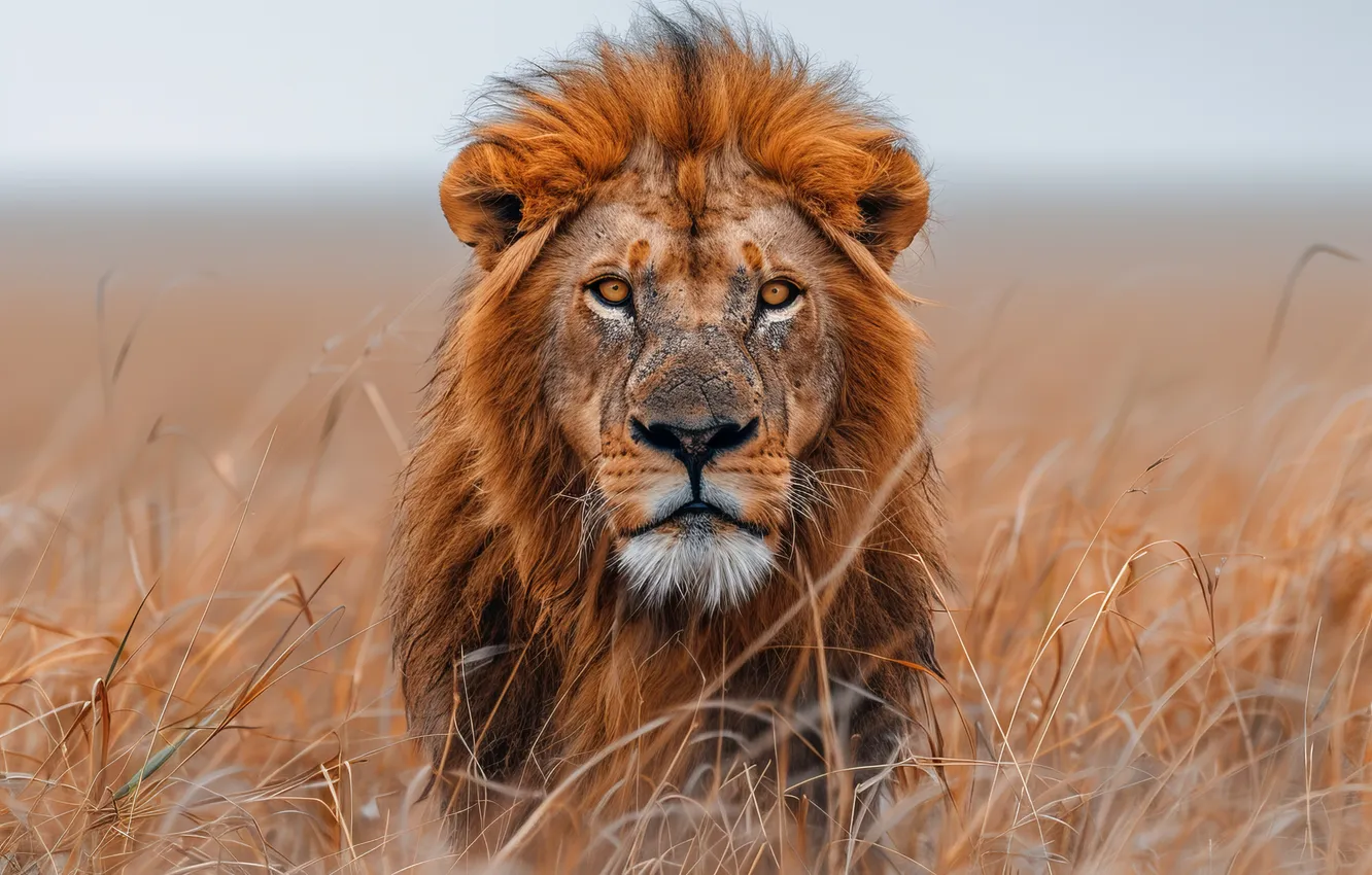 Photo wallpaper grass, look, face, predator, Leo, front, big cat, digital art