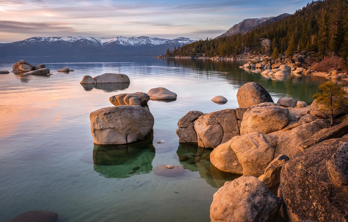 Photo wallpaper sea, forest, sunset, mountains, reflection, stones, shore, forest