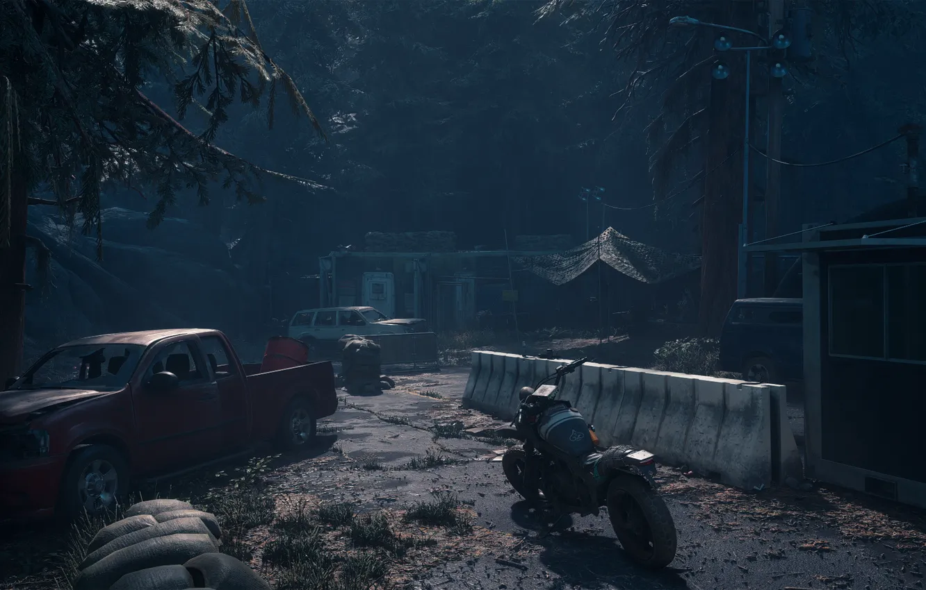 Photo wallpaper car, trees, night, motorcycle, vehicle, video games, apocalyptic, Days Gone