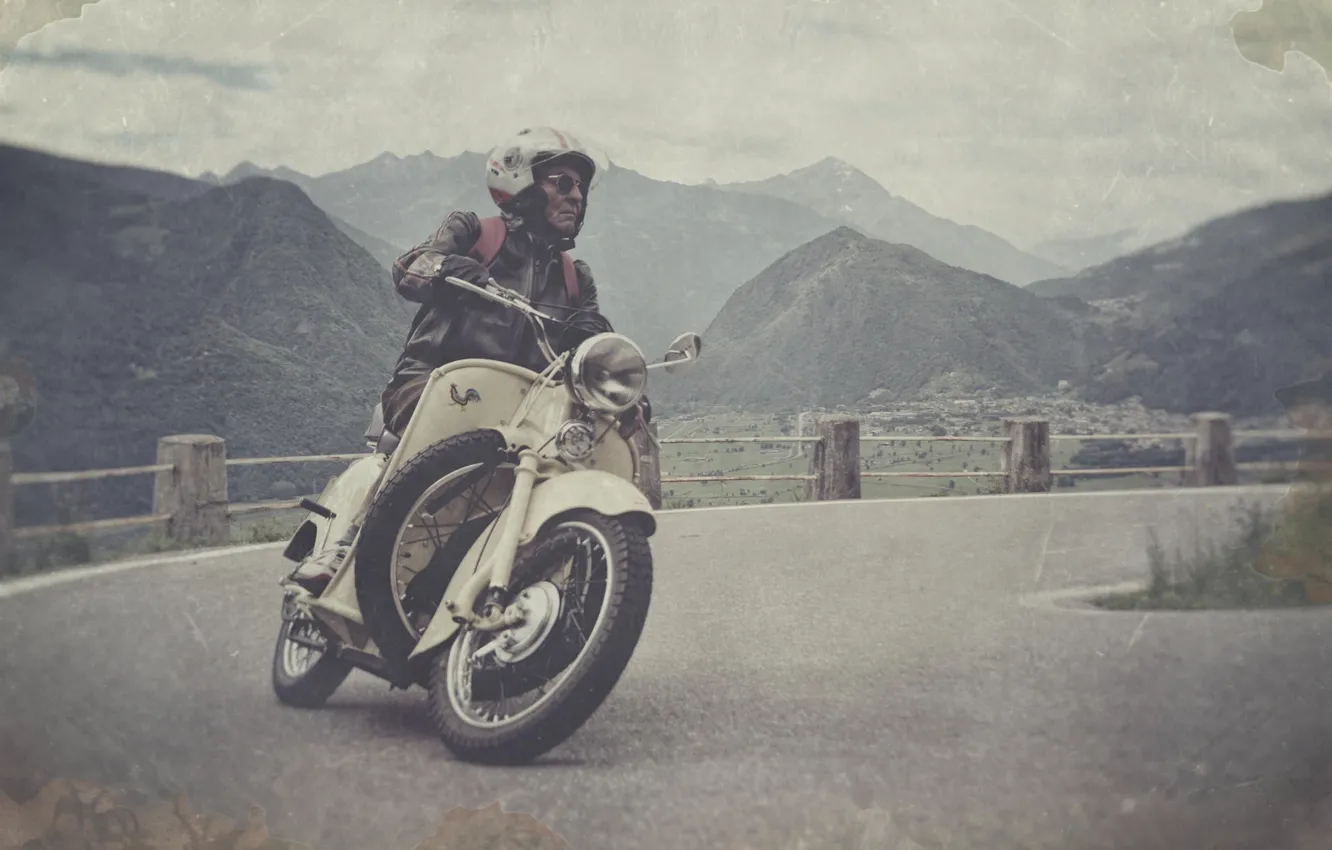 Photo wallpaper road, the sky, clouds, mountains, valley, motorcycle, male