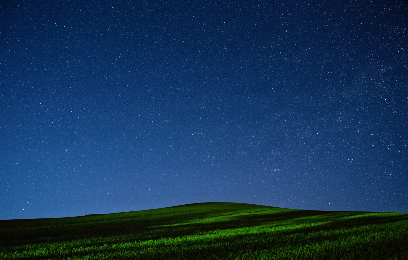 Photo wallpaper field, the sky, grass, stars, night, hill
