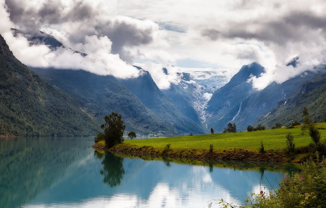 Photo wallpaper clouds, mountains, meadow, Norway, Norway, Onderdelen, Nordfjord, Nord-fjord