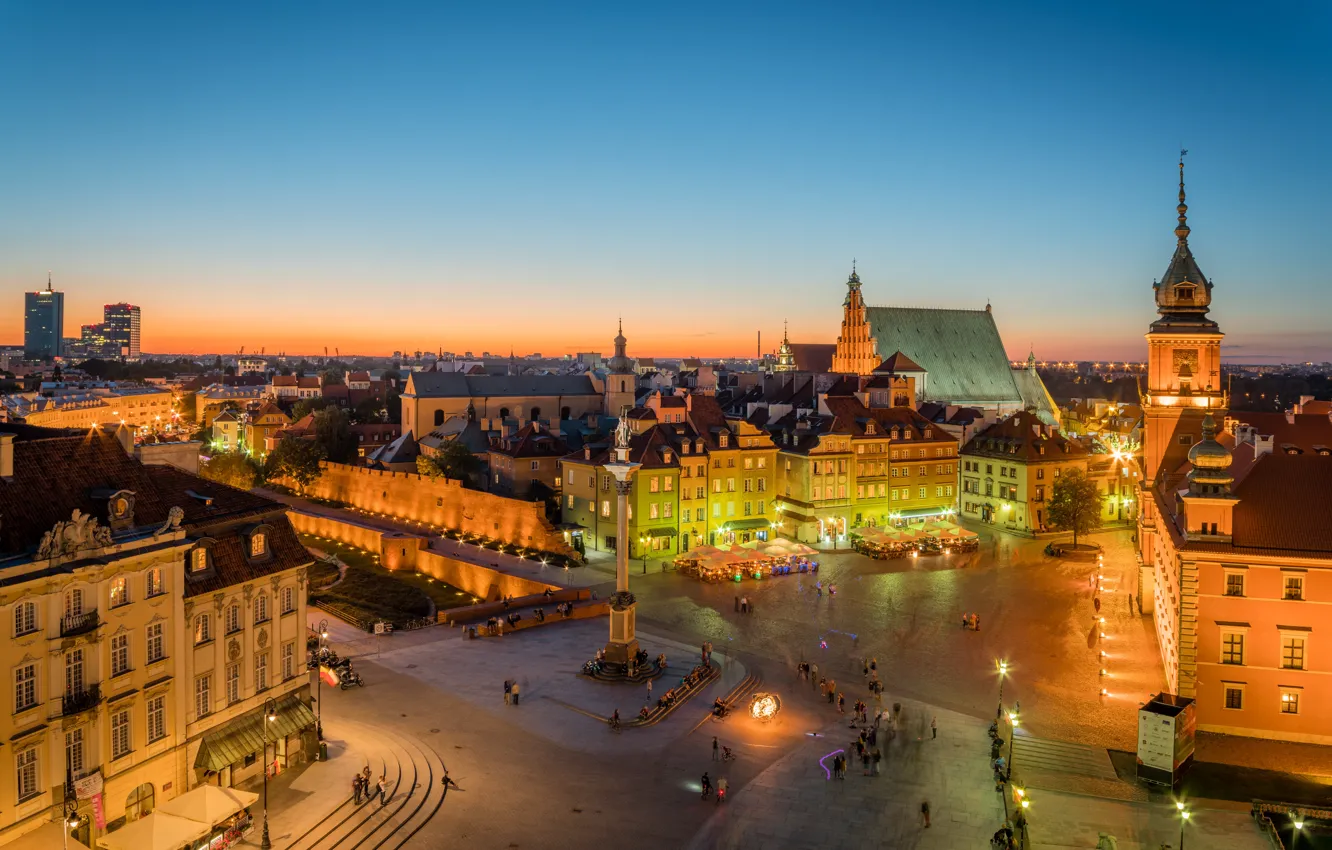 Photo wallpaper lights, building, the evening, area, Poland, Warsaw, old town, Old Town