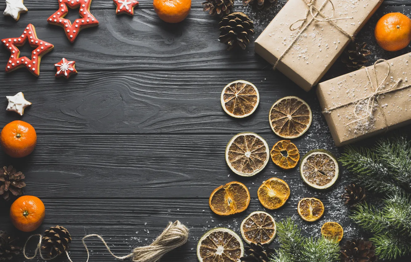 Photo wallpaper star, spruce, cookies, gifts, Mandarin, dry orange, the new year 2018