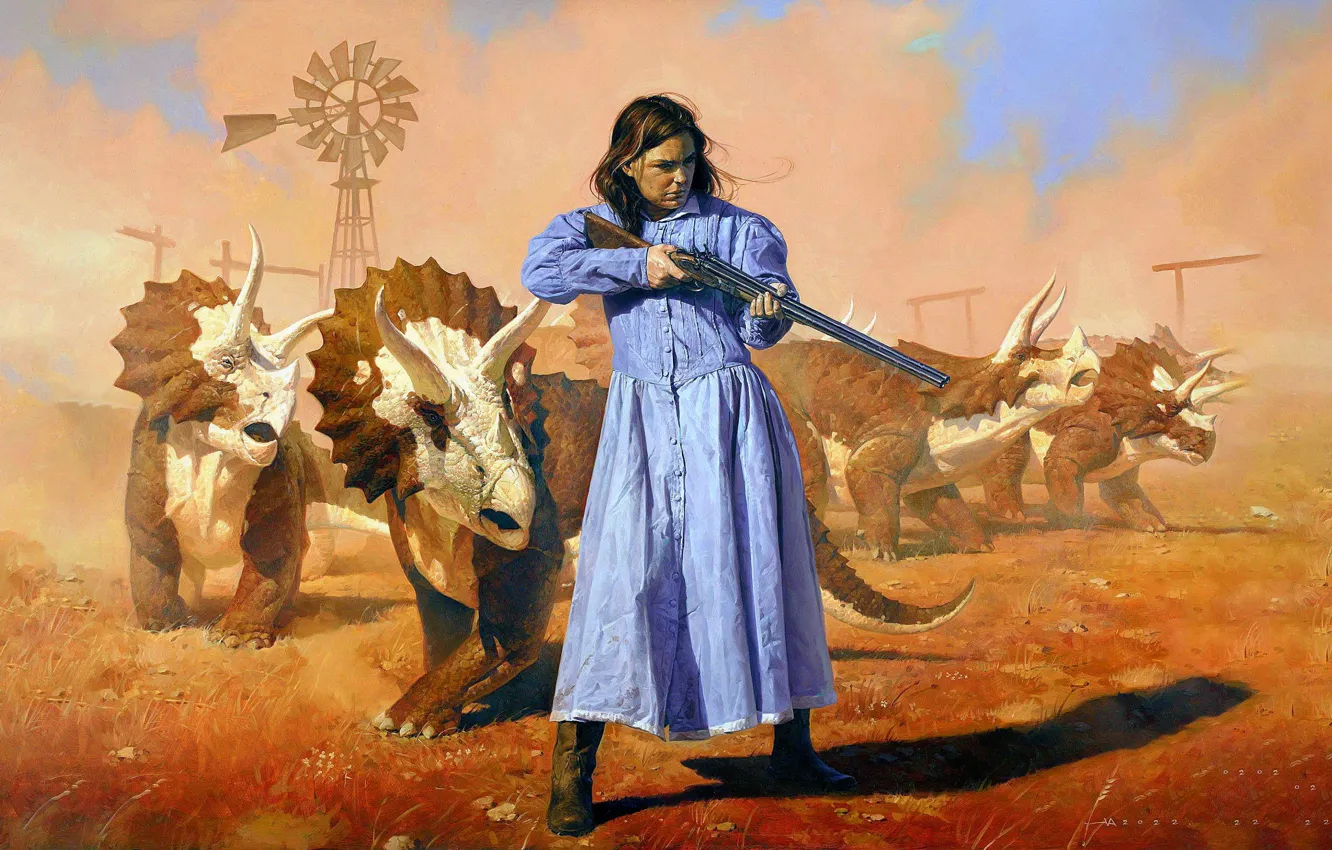 Photo wallpaper girl, dinosaur, art, rifle, Triceratops, Triceratops, The daughter of a farmer