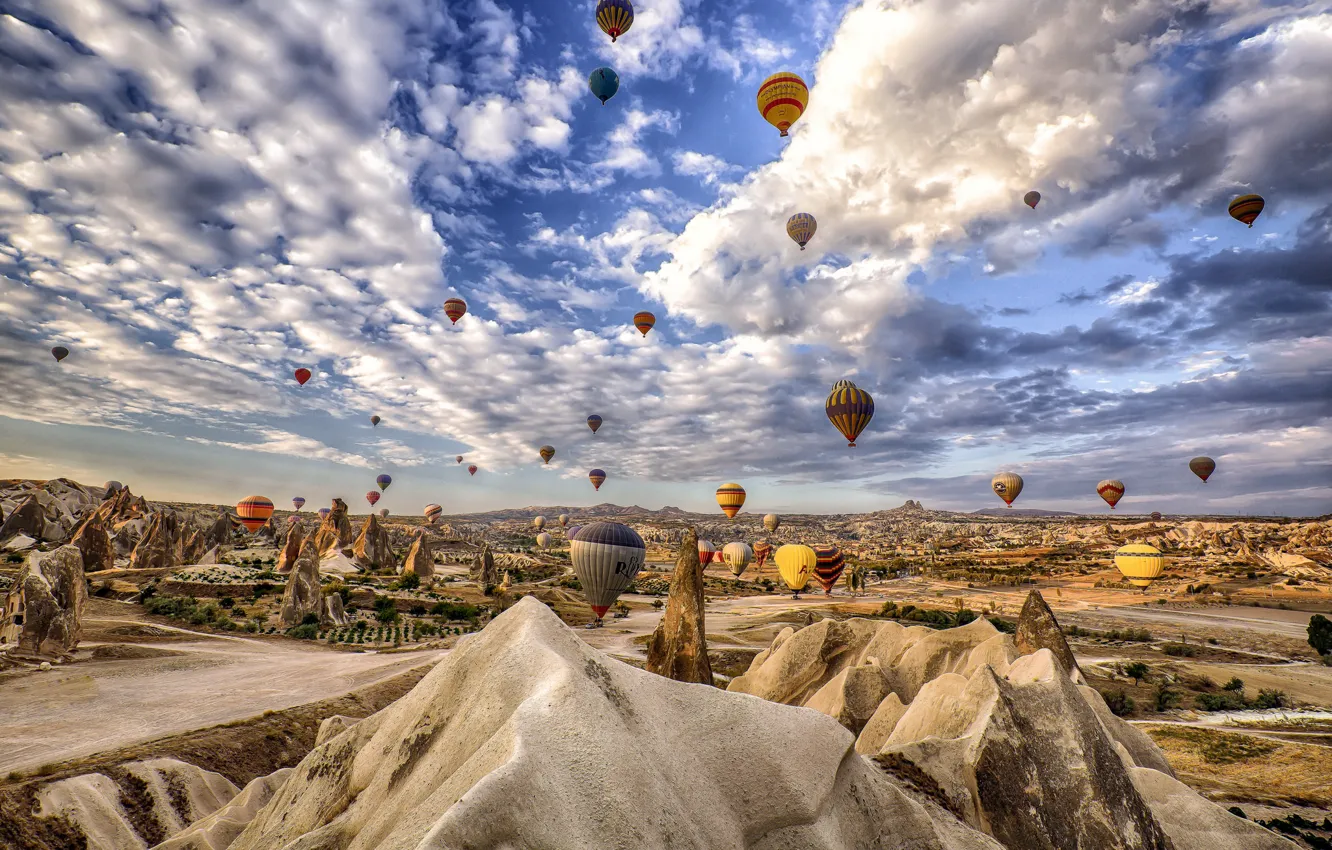 Photo wallpaper the sky, clouds, mountains, balloon, rocks, Turkey, Cappadocia