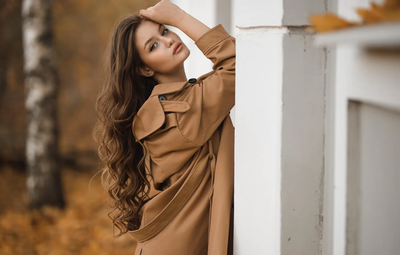 Photo wallpaper autumn, look, girl, pose, brown hair, cloak, curls, Vladimir Vasiliev